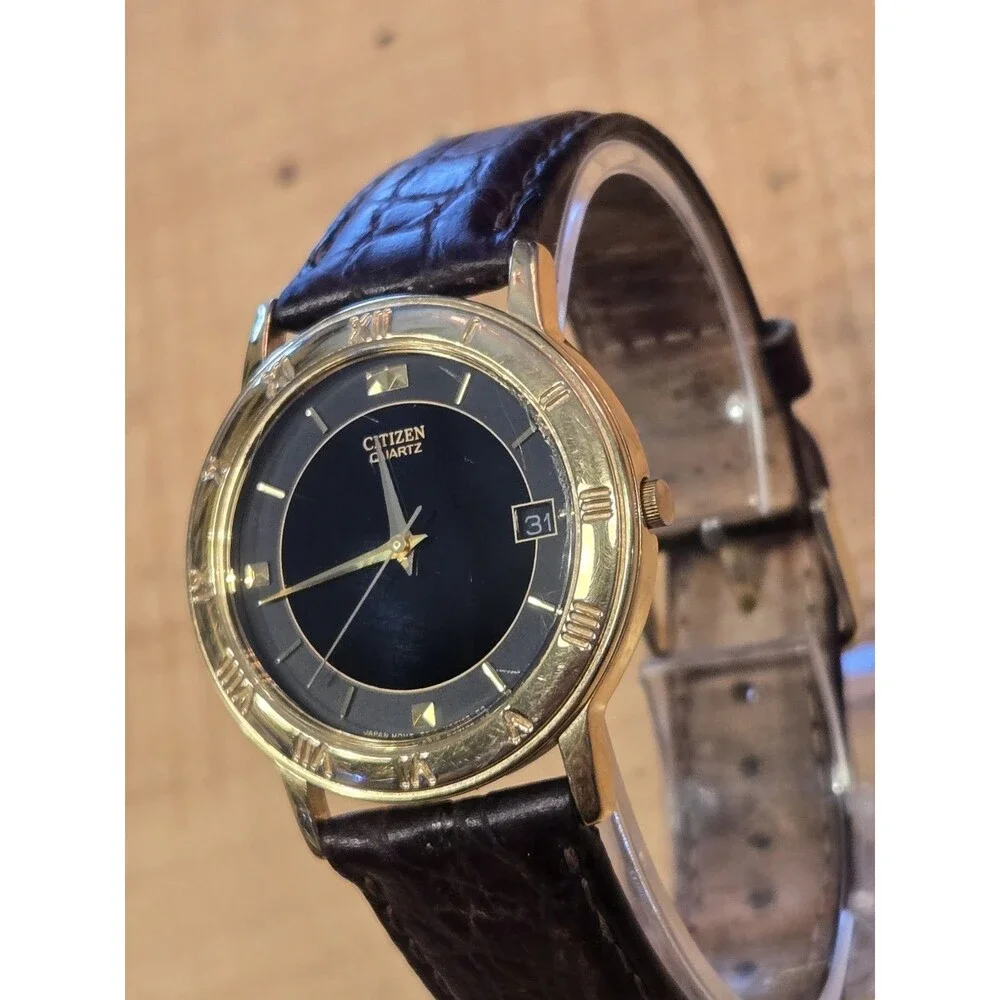 Citizen Men's Watch 33mm Black Dial Gold Tone 5510-K06860 Leather New Battery